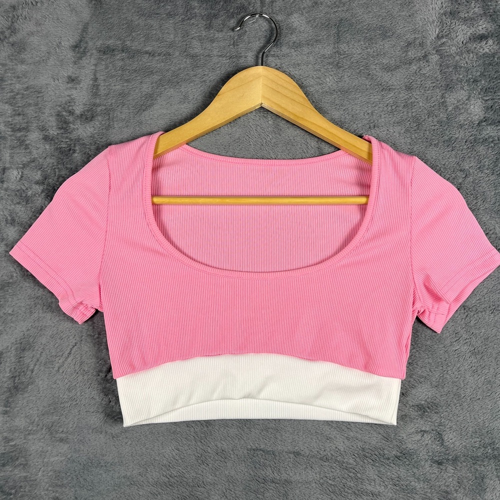 Shein Cropped Top Womens Small Pink White Ribbed Short Sleeve Scoop Neck Casual3